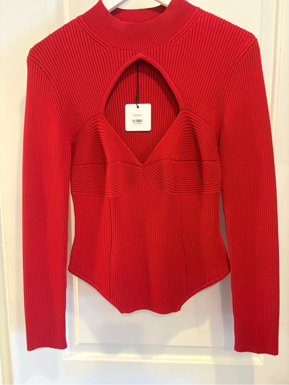 Fleur du Mak Red Ribbed Cutout Long-Sleeve Top